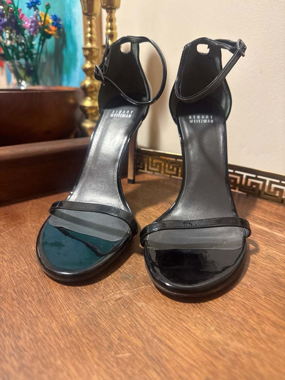 Stuart Weitzman Nudist Black Patent Leather Ankle Strap Sandals Size 9